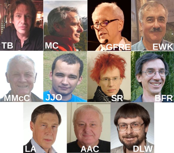 (C) CC-BY 2015 Thomas Buchert, Mauro Carfora, David Monniaux, Rocky Kolb, Malcolm MacCallum, Hirokazu Fujii, Kaisa Kangas, Magdalena Cechowska, Lars Andersson, Alan Coley, Duncan Shaw-Brown, Boud Roukema SUBJECT, AUTHOR(S), SOURCE, EXTRA PERMISSION INFO: Buchert, Tatjana Kumpf, private, CC-BY Carfora, Mauro Carfora, private, CC-BY Ellis, David Monniaux, https://commons.wikimedia.org/wiki/File:George_Ellis_0040.jpg, email approval of CC-BY Kolb, Edward W. (Rocky) Kolb, private, CC-BY MacCallum, Malcolm MacCallum, private, CC-BY Ostrowski, Hirokazu Fujii, private, CC-BY Räsänen, Kaisa Kangas, private, email approval of CC-BY Roukema, Magdalena Cechowska, private, CC-BY Andersson, Lars Andersson, https://www.cqgplus.com/wp-content/uploads/2015/09/bw-01-ausschnitt.jpg, CC-BY Coley, Alan Coley, private, CC-BY Wiltshire, Duncan Shaw-Brown, http://www2.phys.canterbury.ac.nz/~dlw24/DLW2014.jpg, email approval of CC-BY compilation: B. Roukema, CC-BY